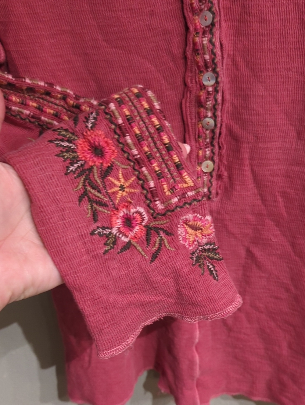 Sundance Embroidered Henley Top Long Sleeve Cotton Breathable Boho Floral - Picture 4 of 9